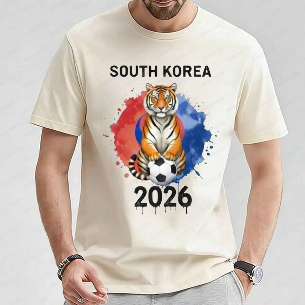 Unisex South Korea 2026 Soccer Graphic T Shirt Tiger Print Short Sleeve Cotton Casual for Sports Fans Regular Fit Men Clothing