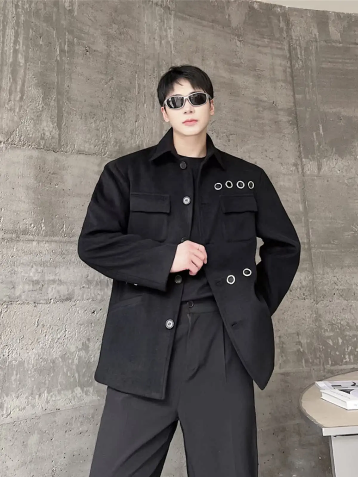 

Casual Loose Men's Woolen Jaet Metal Decorated Motorcycle Sle Winter Faion Outerwear Youth ular Spring Autumn Winter