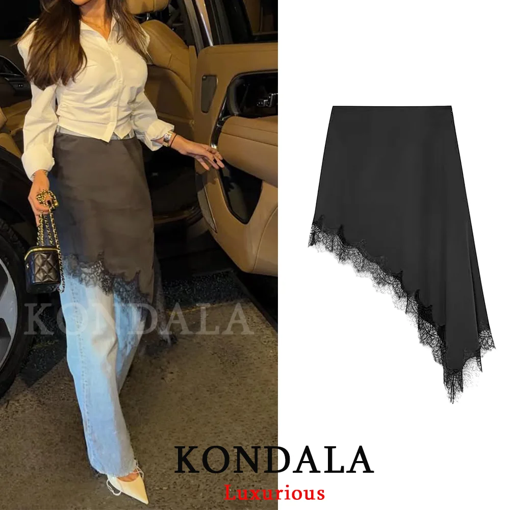 KONDALA مثير شيك الأسود الساتان الدانتيل النساء التنانير عالية الخصر غير النظامية ميدي تنورة الحفلات موضة 2025 مساء نادي حفلة فتاة تنورة