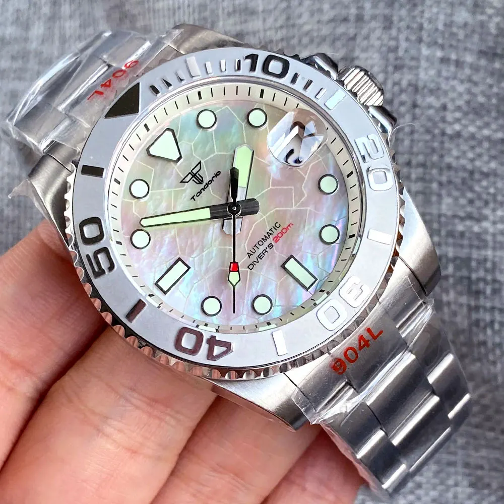 Tandorio 40mm Black White Mother of Pearl Dial Sapphire Glass NH35A Automatic Men Watch Date 20ATM Diver Roating Bezel Luminous