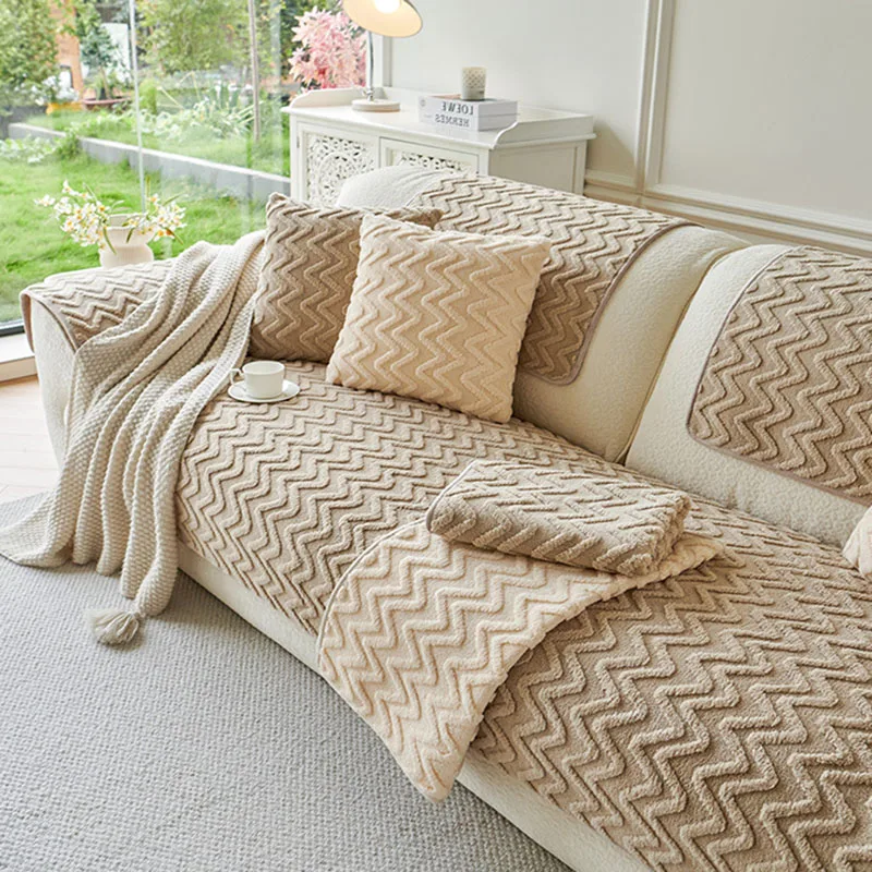 Nordic Wave Pattern Jacquard Sofa Cushion Super Soft Anti Slip Protection Couch Slipcover Cozy Solid Dirt-Resistant Home Decor