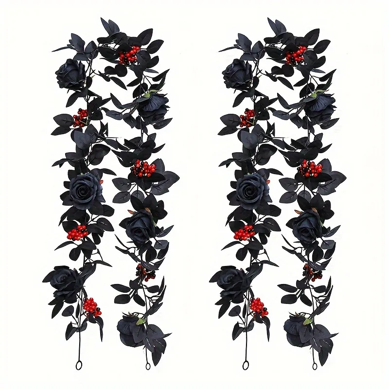 1pc Halloween Artificial Black Rose Eucalyptus Vine Small Red Berries Gypsophila Greenery Garland Faux Eucalyptus Leaves Vine