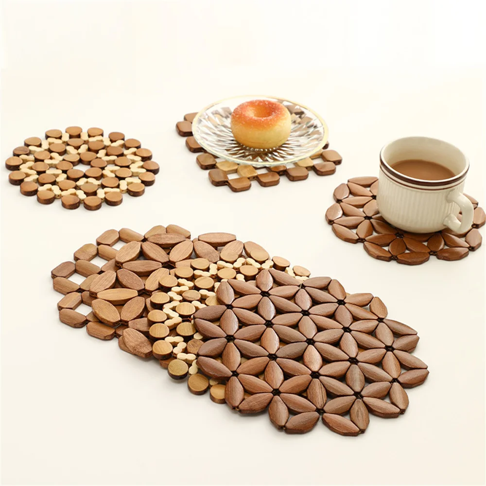 

Bamboo Coaster Heat Insulation Pad Dining Plate Mat Table Mat Square Round Hollow Bowl Mat Table Decoration Kitchen Accessories