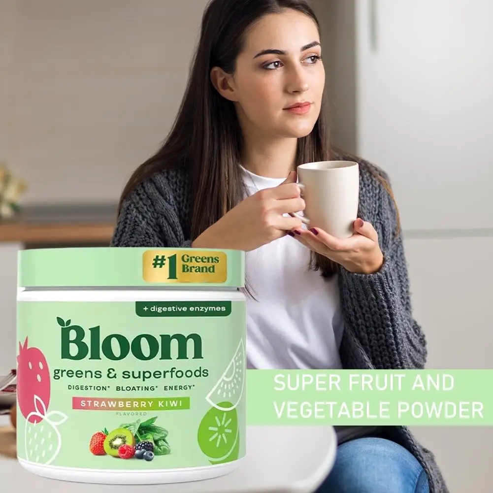 بلوم جرينز آند سوبر فودز نكهة فاكهة البرتقال إنزيمات الجهاز الهضمي تدعم الهضم والانتفاخ والخضر للطاقة للعافية