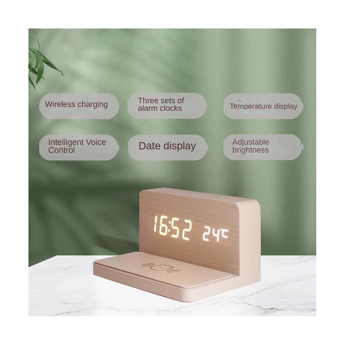 10W Multifunctional LED Wireless Charging Alarm Clock Silent Clock Electronic Clock Wireless Charging Thermometer-Bamboo