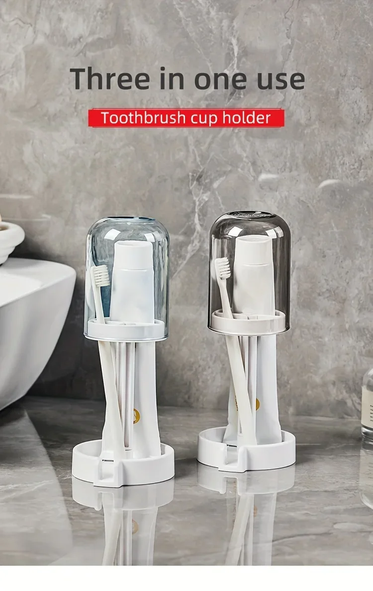 Toothbrush Holder with Dust Cover, Drainage Design, Plastic Multifunctional Bathroom Toothbrush and Cup Organizer