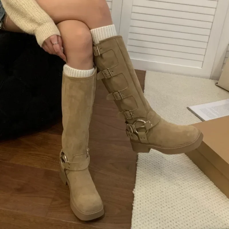 Botas altas no joelho para mulheres, fivela de cinto, sapatos femininos, salto quadrado, moda, alta qualidade, venda quente, 2023