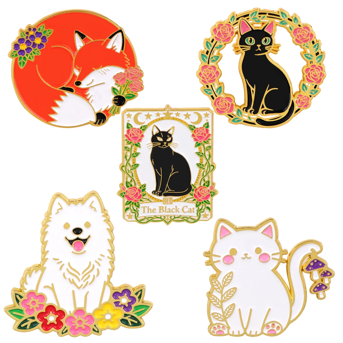 Schwarze Katze Tarot Karte Broschen für Frauen Niedlicher Hund Emaille Pin Metall Abzeichen Schmuck Kleidung Rucksack Zubehör Freunde Geschenk