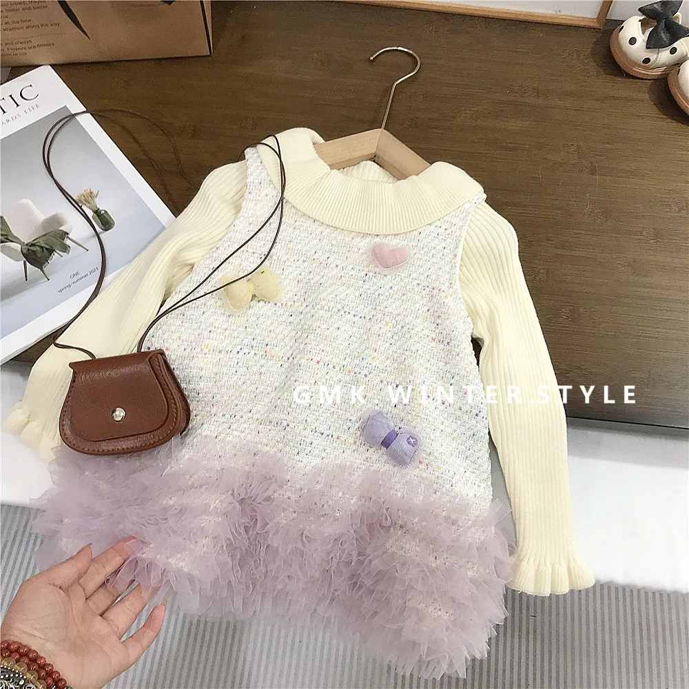 Girls Suit 2025 Spring and Autumn New Childrens Clothing Girl Baby Sweet Foreign Sweater Vest Net Gauze Skirt Two Sets