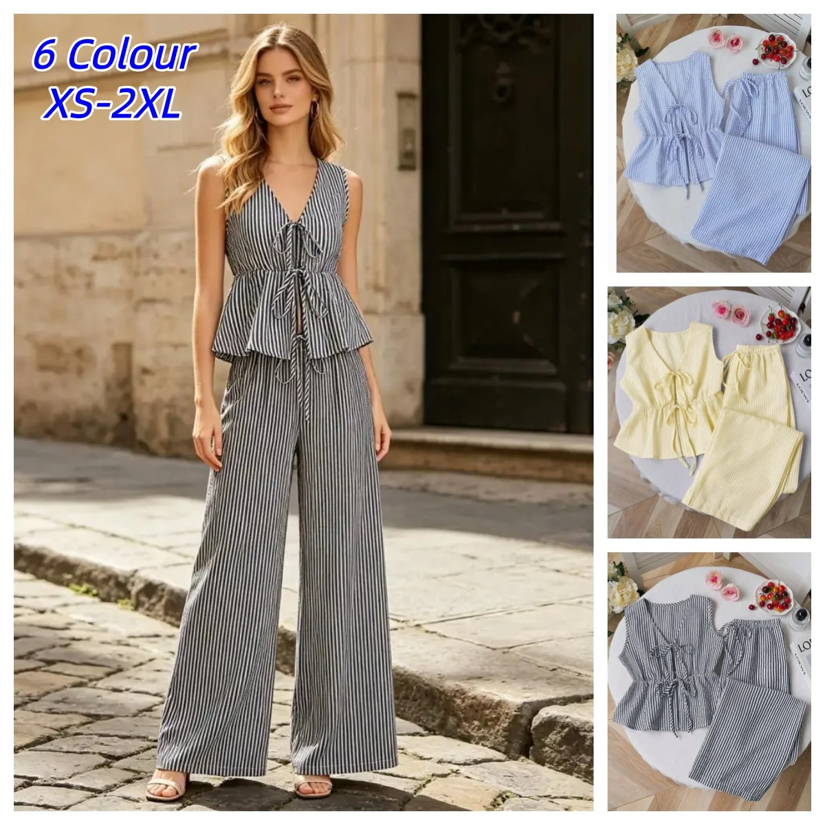Women's Summer Striped Lace-up 2 Piece Outfits Tie Front Ruffle Lightweight Sleeveless Tank Top and Wide Leg Pants Lounge Sets