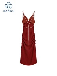 Gyaru Red Spaghetti Strap Dress Sleeveless Fashion Chic Nightclub Sheath A-Line Prom Gown Temperament Chain Y2K Hot Streetwear