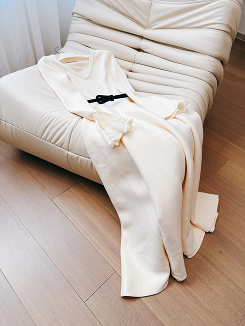 

Ele High-Knit Lace Sweater A-Line Dr with Bell Sves Polyester Nylon Cosite Fiber Long Sve Daily Wear