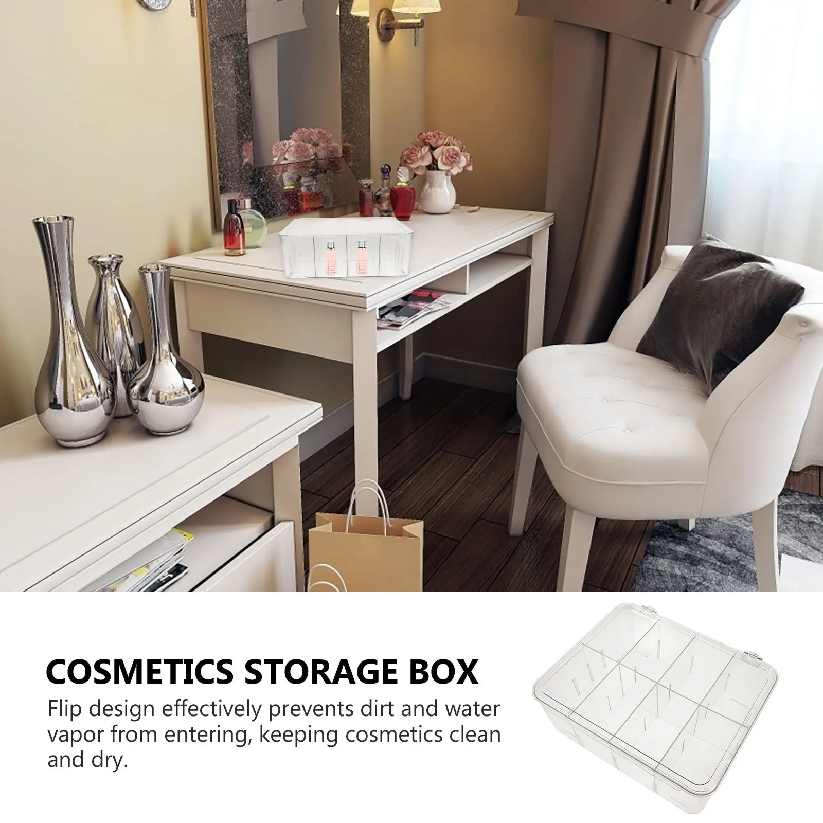 

Makeup Storage Box Large Capacity Transparent Makeup Organizer Adjustable Compartment Dirt Proof Sundries Holder for Desktop