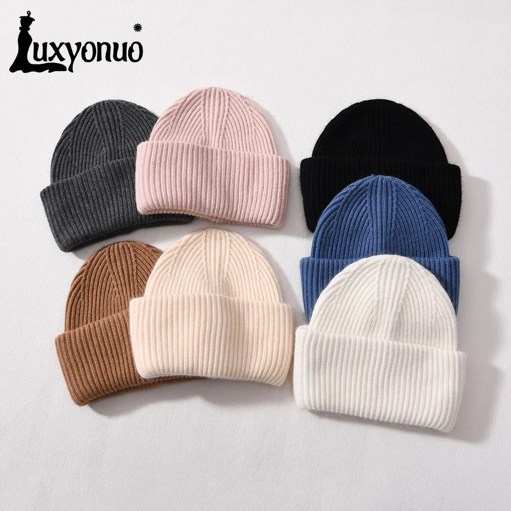 

Luxyonuo Cashmere Blend Beanie Hat Double Folded Super Warm Women's Winter Hats 2023 Ladies Fashion Solid Color Skullies Hat