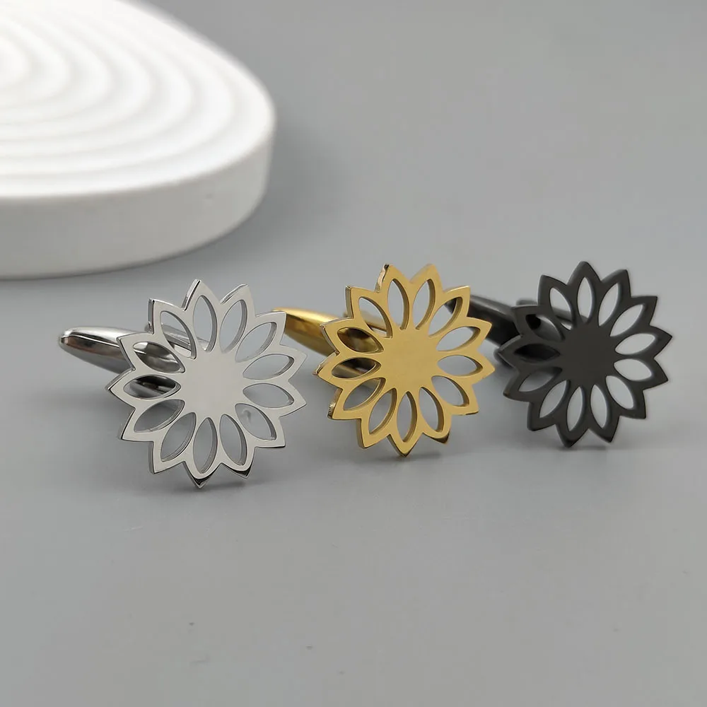 Exquisite Sunflower Stainless Steel Cufflinks Available in Gold Silver and Black Colors Men's Business Dress Shirt Sleeve Nails