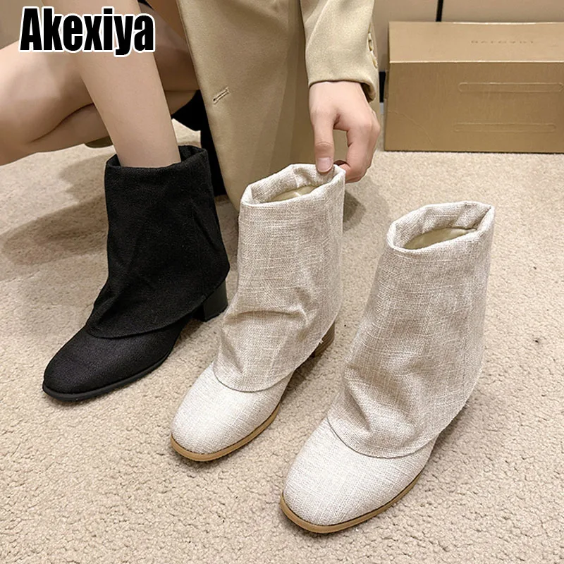 

Women Shoes 2023 Fashion Sleeve Women's Boots Autumn Round Toe Solid Shoes Ladies Short Barrel Chunky Heel Fashion Boots bc7209