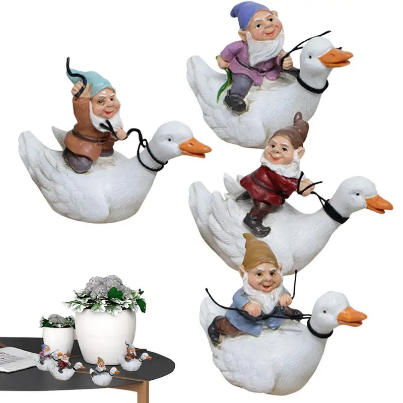 Garden Gnomes Outdoor 4pcs Elf Sitting On Duck Vintage Gnome Miniature Decor Elf Home Decor Dwarf Gnome Statue Garden Ornaments