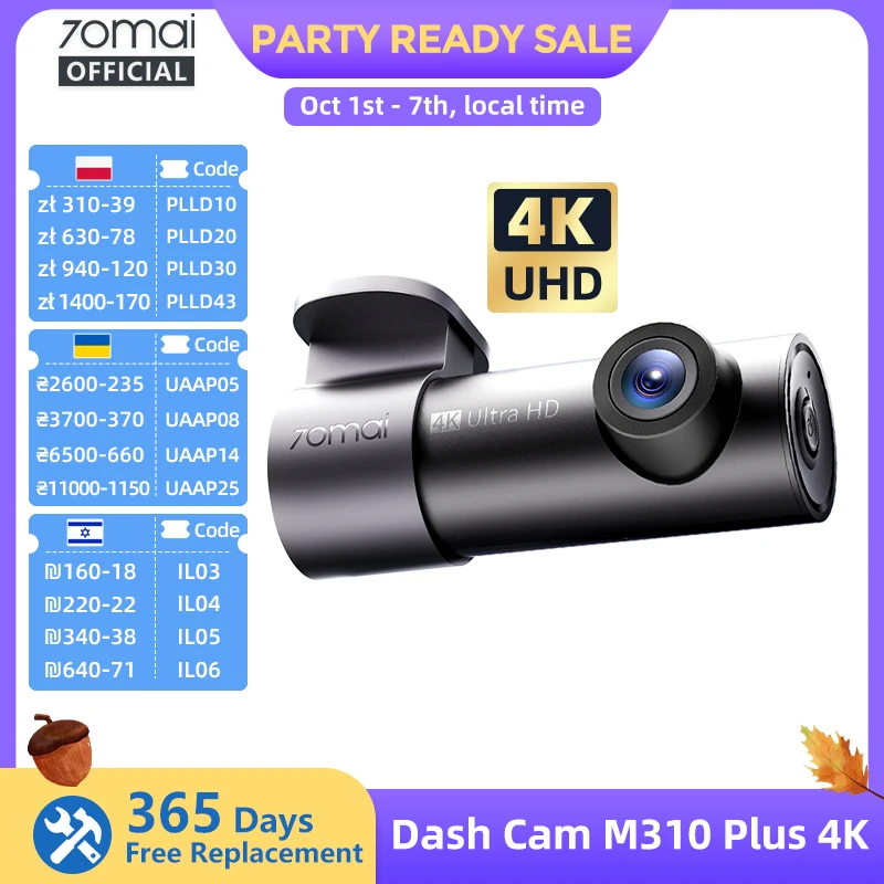 【New】70mai Dash Cam M310 Plus 4K 2160P WDR 360° Rotatable Lens Super Night Vision 24H Parking Survr70mai M310 Plus 4K