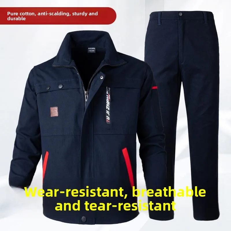 

Новый комплект рабочей формы из чистого хлопка с длинными рукавами, синий, для мужчин, весна-осень, защитная одежда для сварки