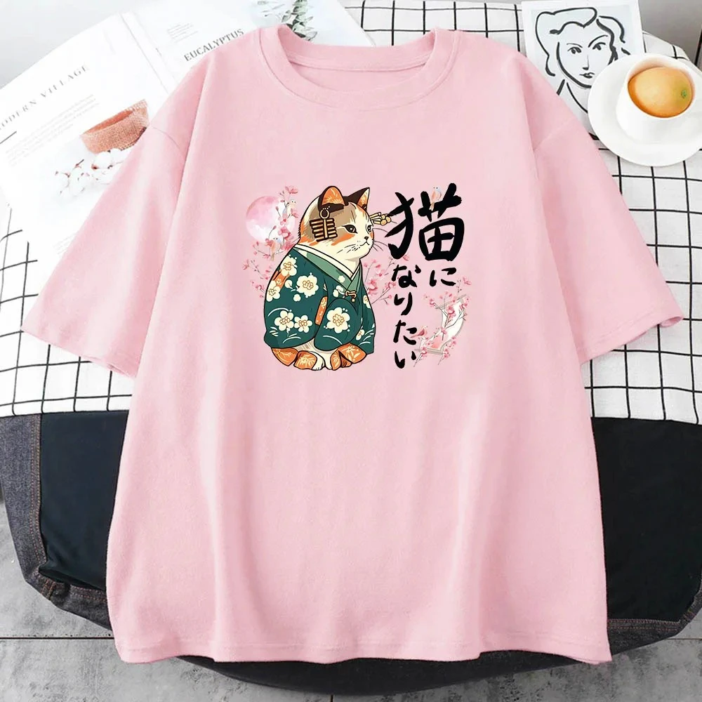Ukiyoe Kanji القط النمط الياباني تي شيرت زهر ساكورا الوردي المرأة Harajuku قصيرة الأكمام عادية الأكمام Harajuku الشارع الشهير #2