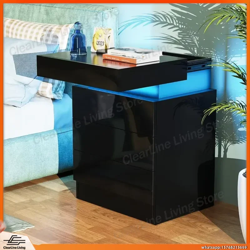 3-Drawer Wooden Nightstand with USB Charging Ports Bluetooth LED Light Strip Farmhouse Style Bedroom Sofa Side Table Living