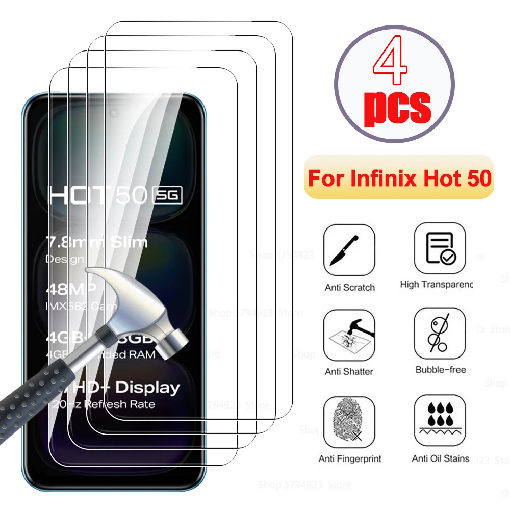 4pcs For Infinix Hot 50 5G стеклянный экран Защитник InfinixHot50 Infinix 50hot Hot50 Безопасность стеклянная плитка HD X6720 Hot50
