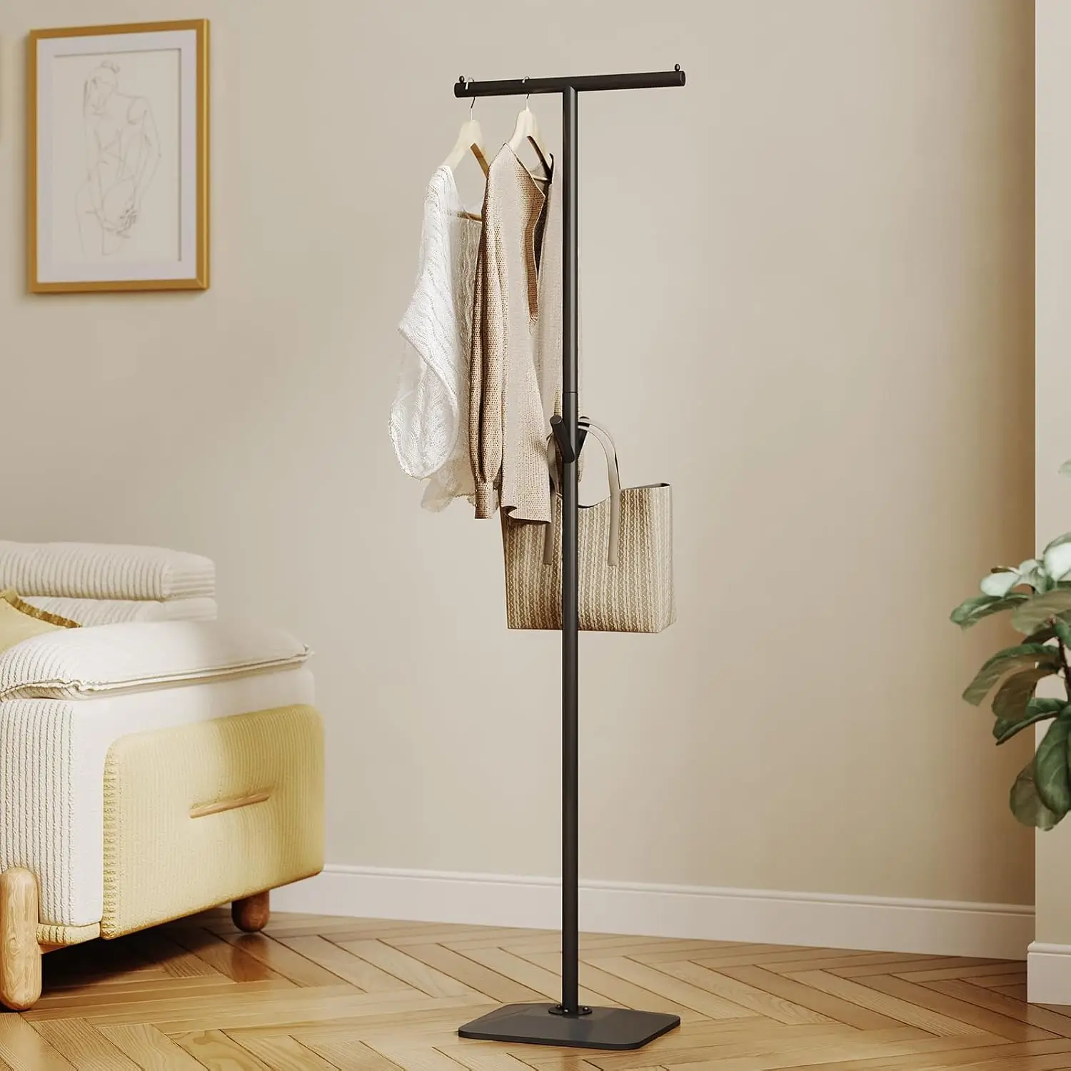 Modern Coat Rack Freestanding,Metal Standing Coat Rack Coat Tree with a geometric cast iron base and hooks,T Shaped Coat Hanger Stand