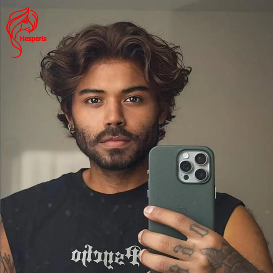 

Hesperis бесклеевые коричневые короткие натуральные волосы с стрижкой пикси для мужчин, бразильские человеческие волосы Remy, кружевные передние парики для мужчин, вьющиеся парики