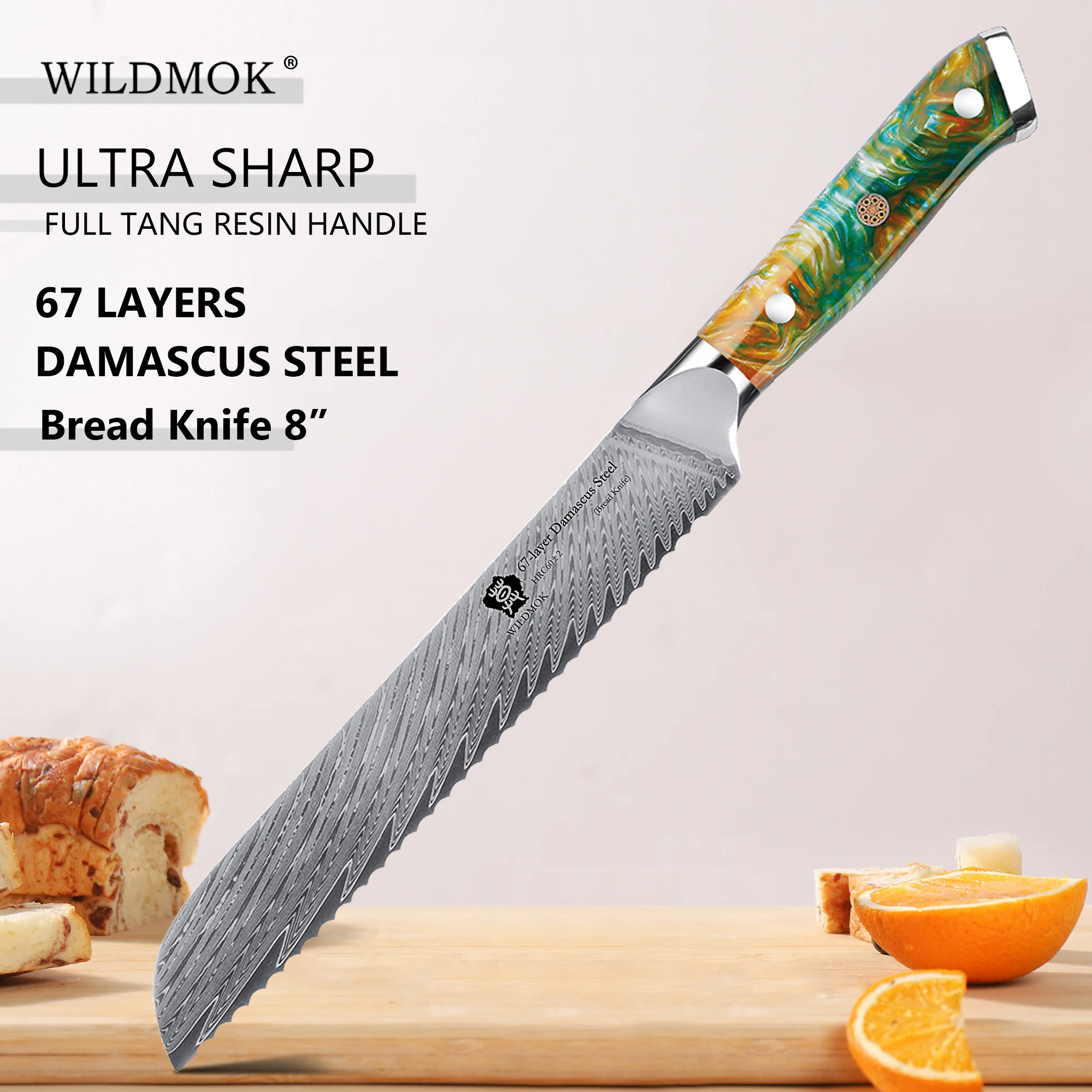 WILDMOK Damascus Steel Serrated Bread Knife 8 inch,  67-Layer Japanese VG10 Steel Core, Unique Resin Handle with Gift Box