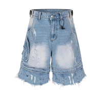 Pantalones cortos vaqueros de siete cuartos con borlas desgastadas Vintage lavados Harajuku, pantalones cortos informales rasgados de pierna ancha para hombre, pantalones cortos holgados de verano de gran tamaño