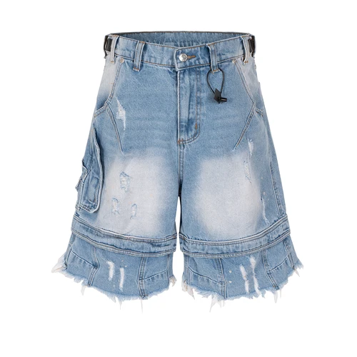 Pantalones cortos vaqueros de siete cuartos con borlas desgastadas Vintage lavados Harajuku, pantalones cortos informales rasgados de pierna ancha para hombre, pantalones cortos holgados de verano de gran tamaño