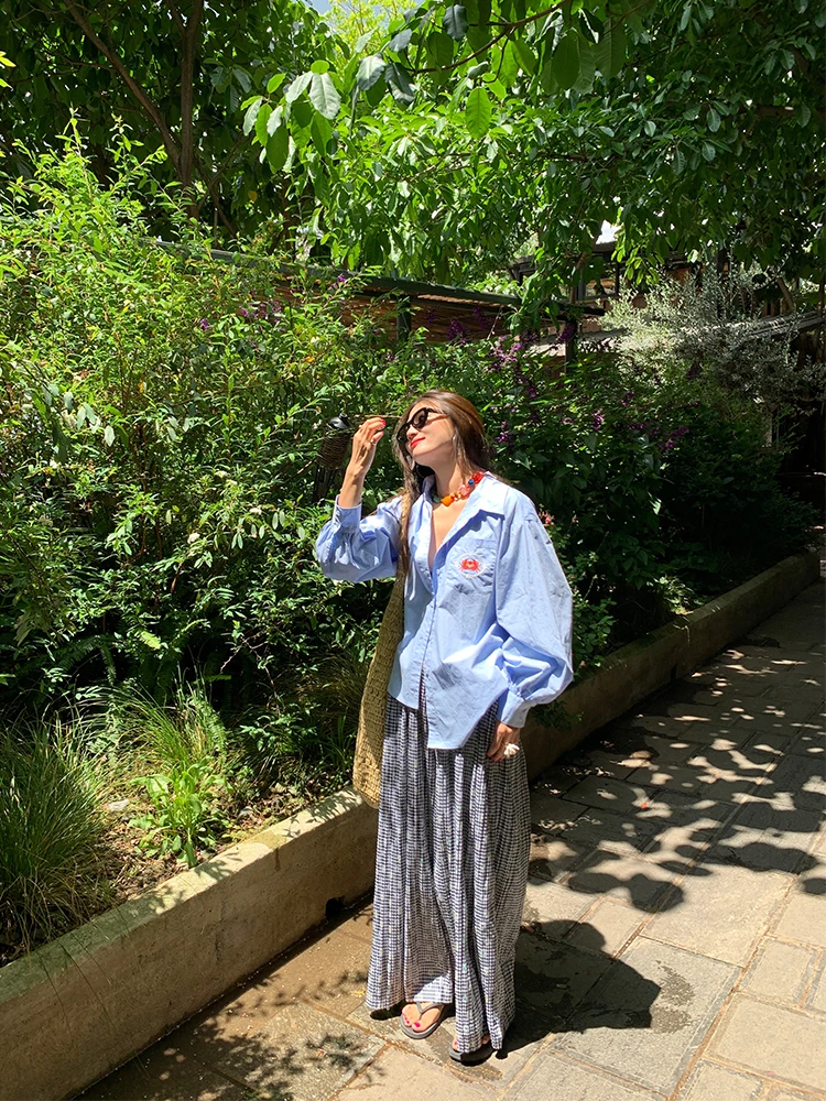 Sli Unieke tweedelige set blauw dames irt origineel ontwerp recht katoen lang Sve button-up midi Dr vrijetijdskleding