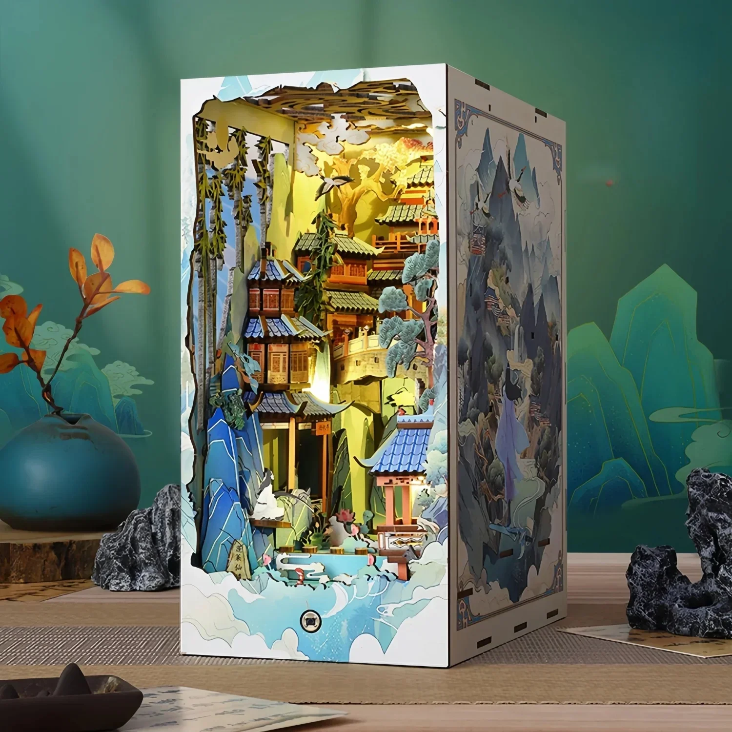 DIY Book Nook Shelf Insert Kit Penglai Wonderland Bookend Miniature Dollhouse 3D Puzzle Assembly Model for Adults Birthday Gifts
