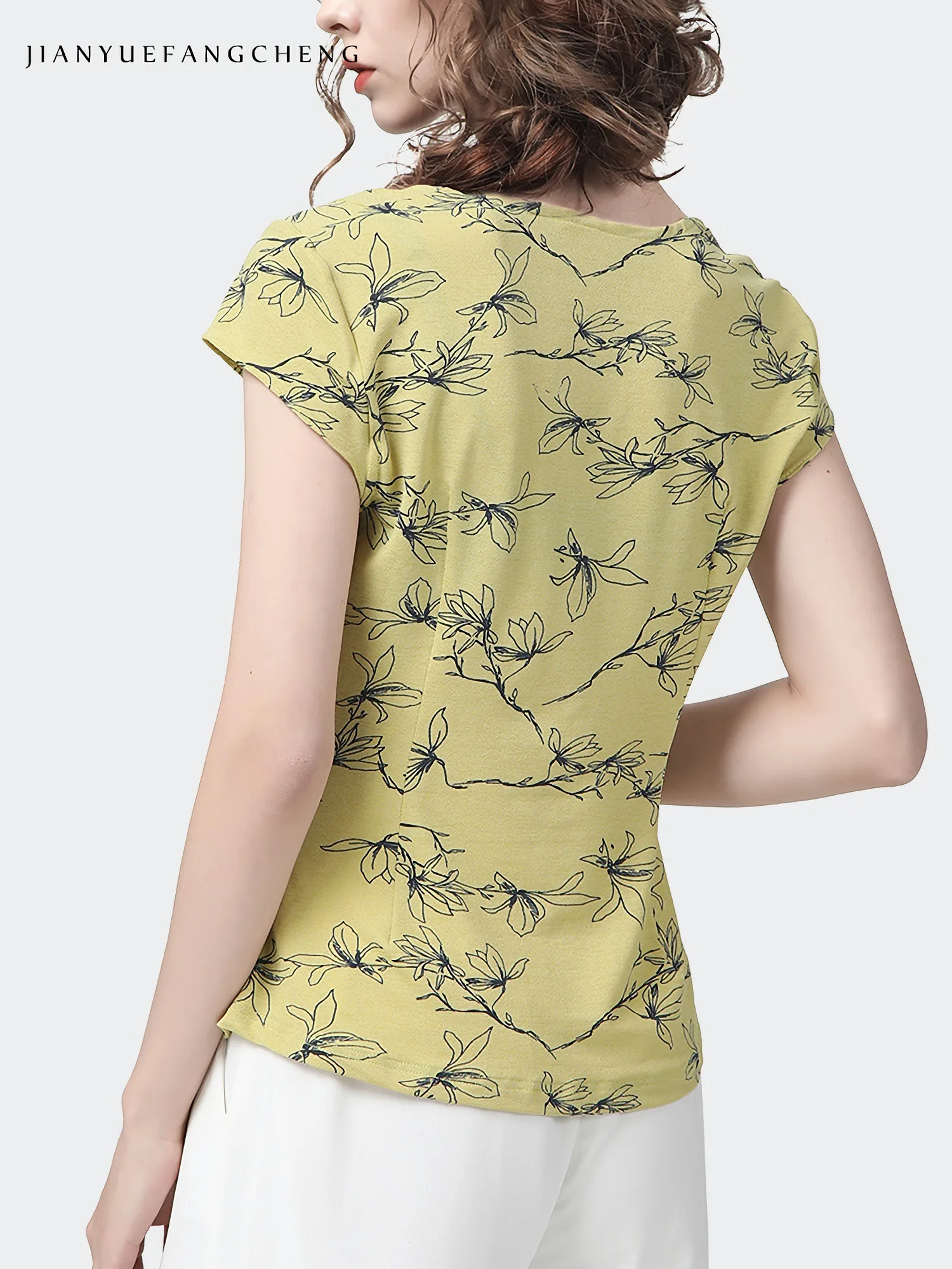 2022 Summer Women Yellow Thin Knitted Print Shirt Short Sleeve V-Neck Tops Chic Slim Female Retro Casual Working Tops And Blouse