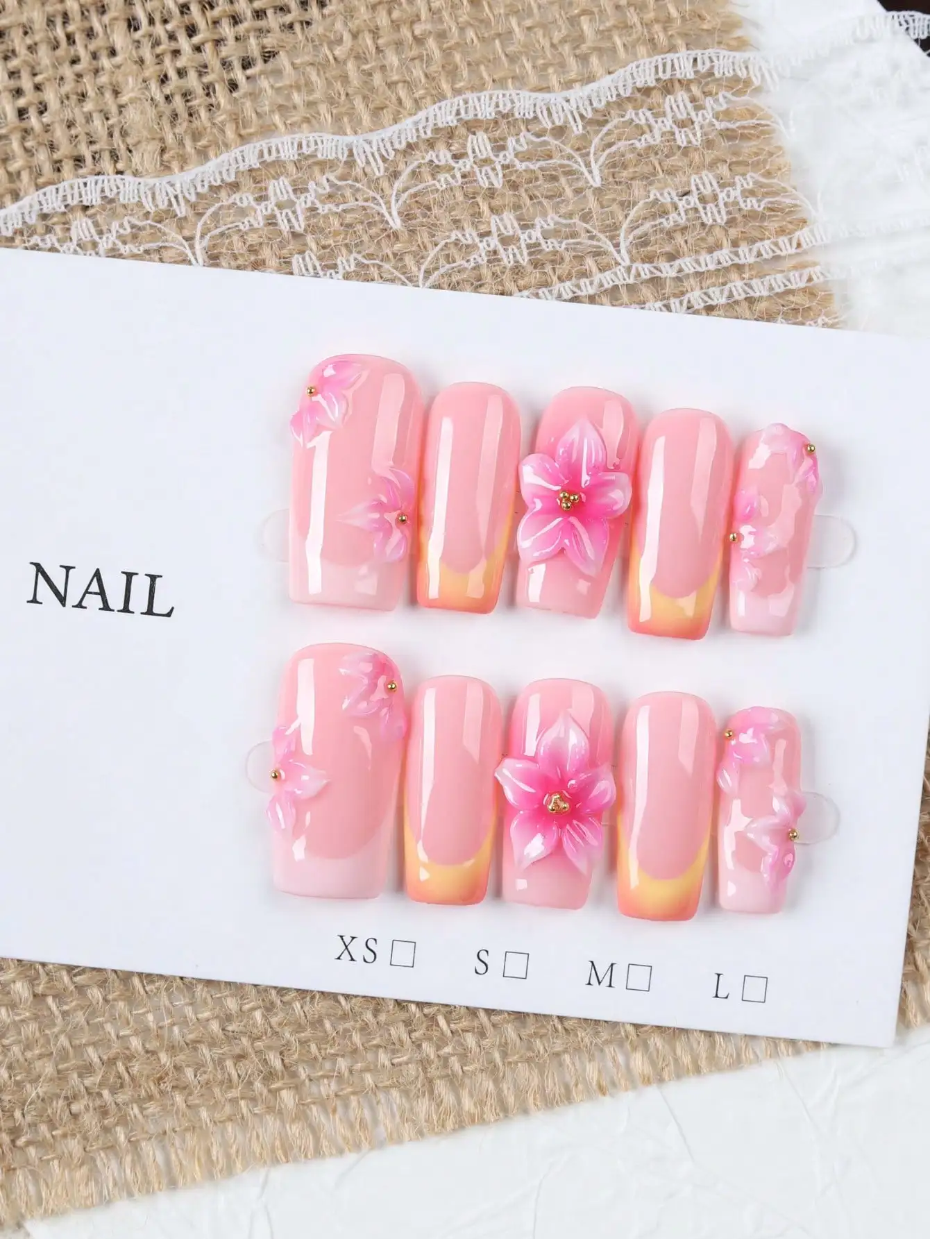 10 Pieces of Medium-Length Rectangular Nude Pink and Orange Gradient French-Style Press-On Nails, Gentle and Pure Girly Style Handmade Fake Nails, with Three-Dimensional Gradient Embossed Pink Flowers and Delicate Mini Gold Beads, High-Gloss Finish, Can Be Removed and Re-Worn, Suitable for Spring Outings, Dates, and Photo Shoots, an Atmospheric Nail Art Gift for Girls