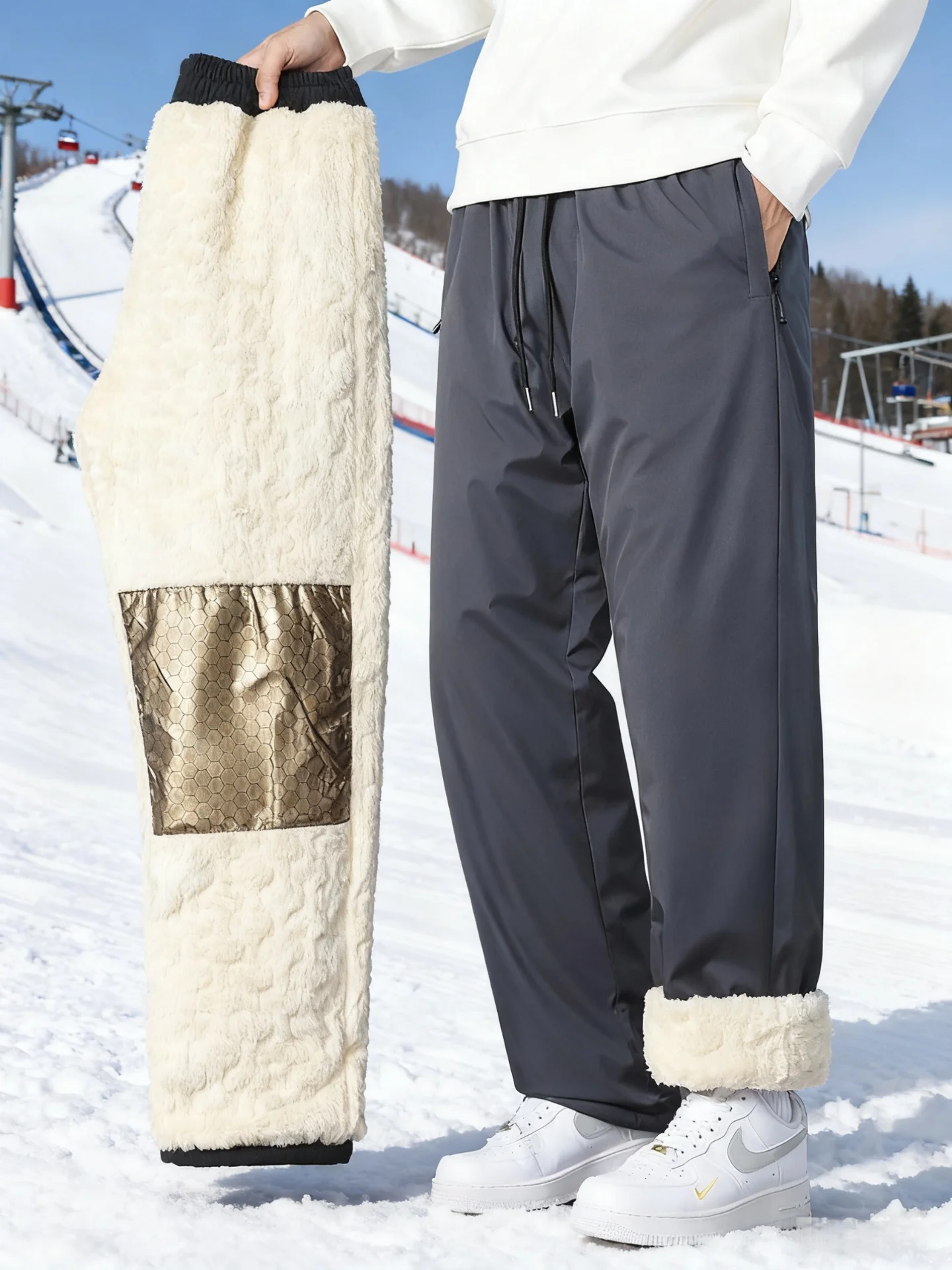 

aphene Thiened Lamb Velvet Men's Winter Fce Lined Extra Thi Northeast Outdoor Cold Resistant Cotton Pants Skiing