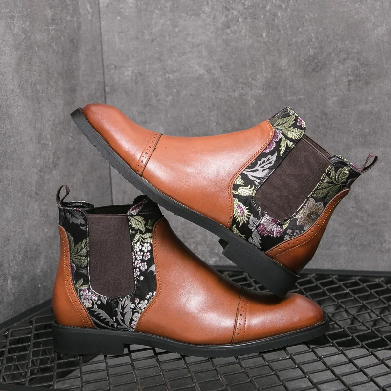 

Ethnic Style Chelsea Boots Man High Quality Embroidery Leather Boots for Men High Top Dress Shoes Designer Men's Ankle Boots