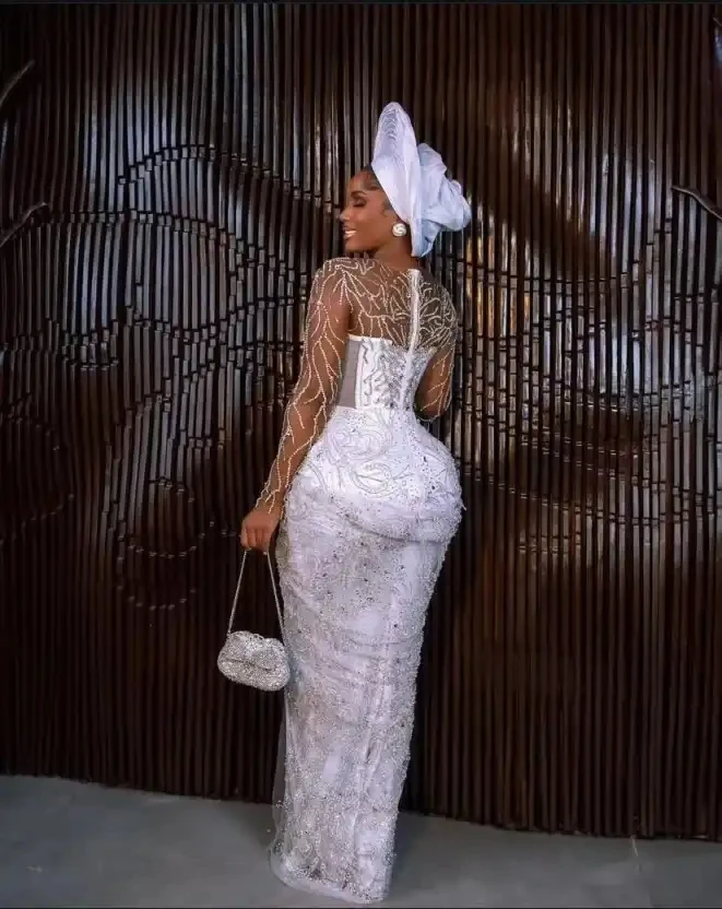 Aso Ebi Evening Dress Illusions Sheer Royal White Floral Prom Dresses Beading Long Elegant Nigerian Prom Gowns with Sleeves view 3
