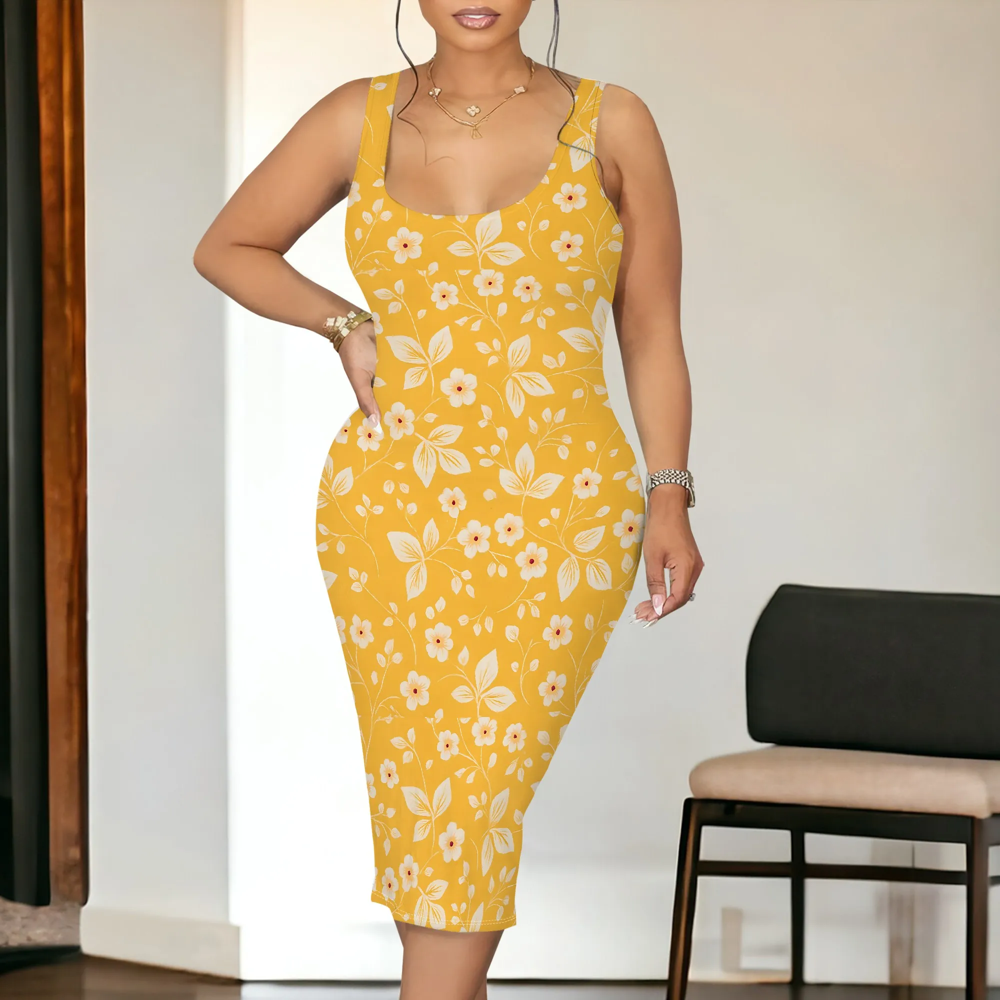 여성 캐주얼 여름 Bodycon 꽃 드레스 민소매 기본 Flowy A 라인 드레스 스트랩 꽃 프린트 Sundress