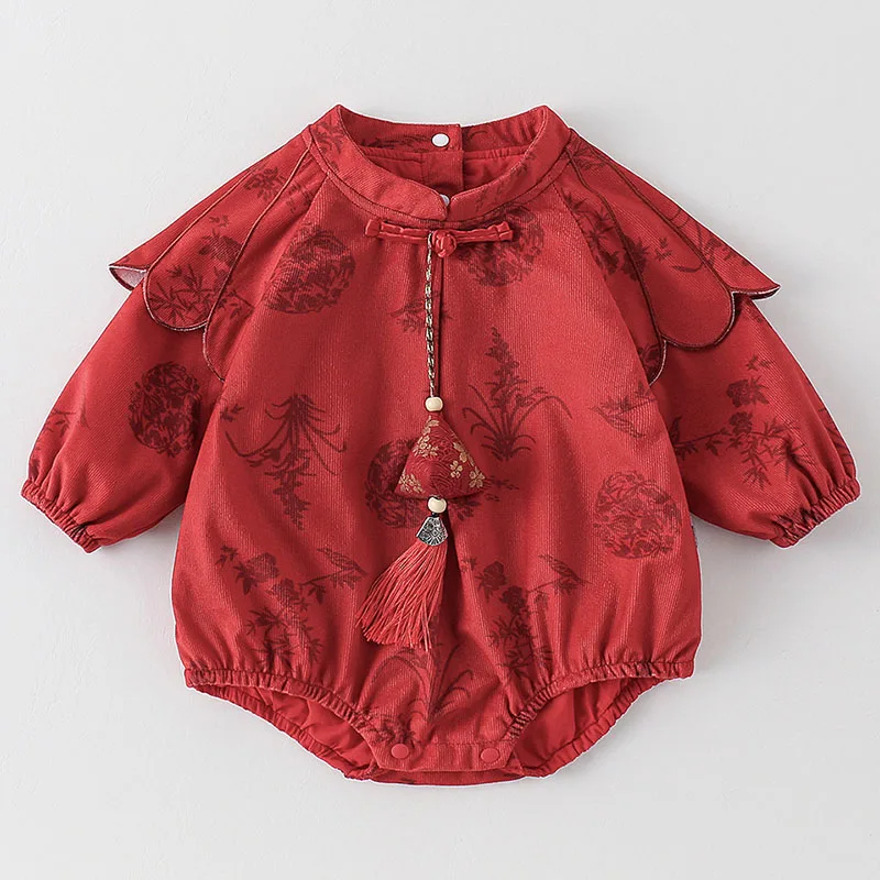 Spring Fall Newborn Girls Clothes Fashion Cute Chinese Style Flowers Long Sleeve Red Bodysuits & One-Pieces Baby Jumpsuits B163