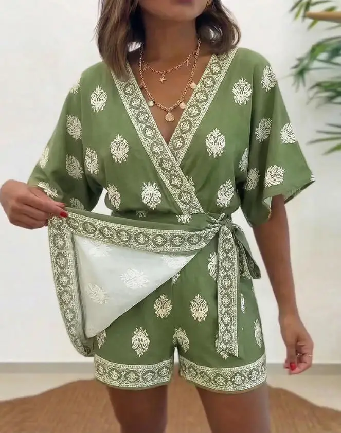 

Women's Jumpsuit Summer New Fashion Casual Vacation Style Bohemian Print V-Neck Lace Up Waist Slimming Short Sleeved Jumpsuit