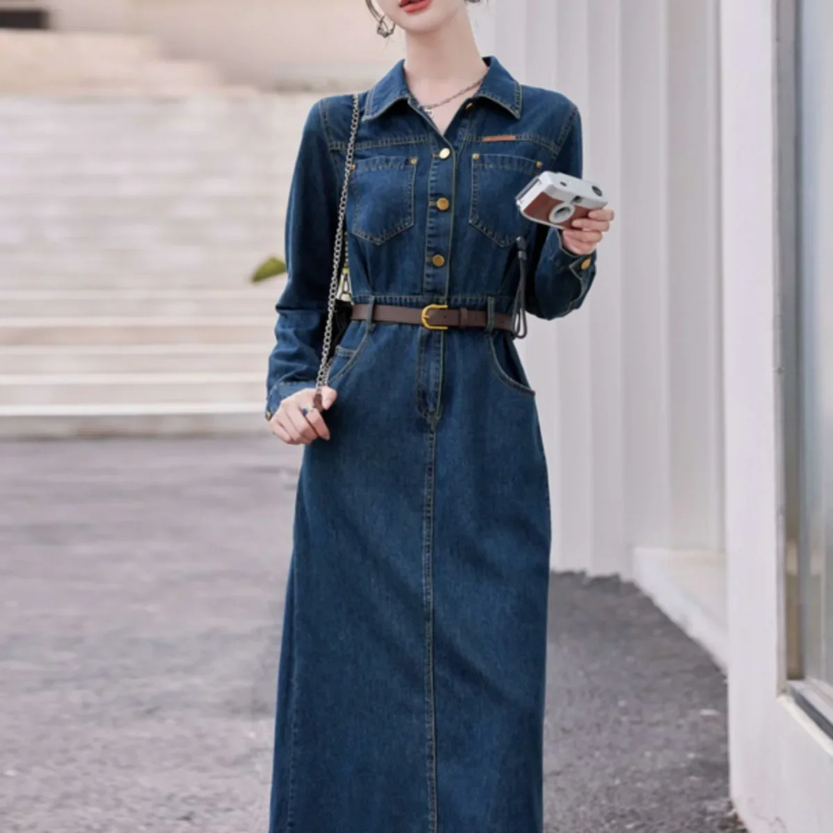 Fashionable Long Sleeve Denim Dress Women Spring Autumn New High End Elegant Casual Slimming Shirt Style Ankle Length Dress