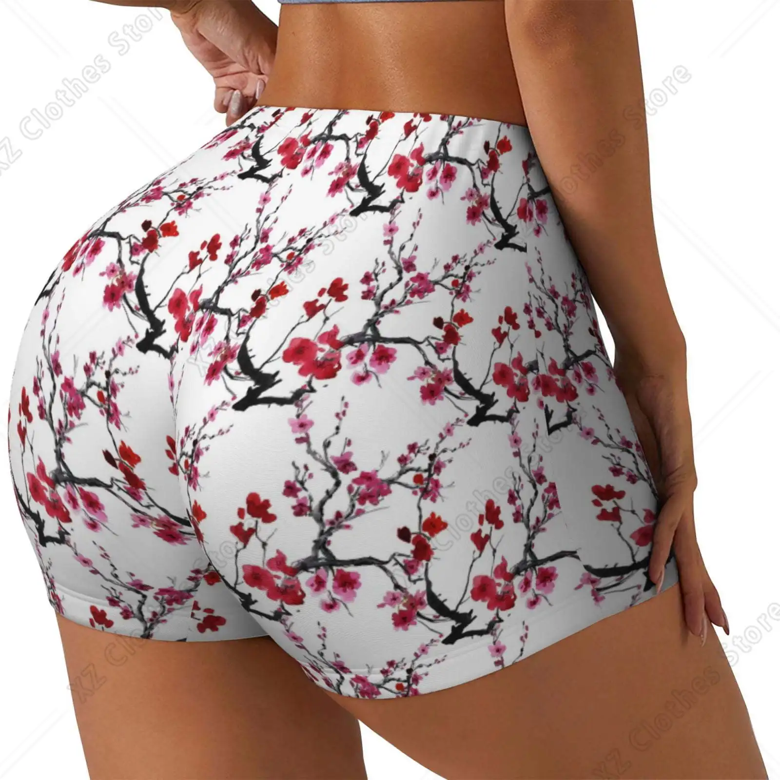 Cherry Blossoms print Workout Shorts for Women Seamless Soft Smooth Gym Yoga Scrunch Active Exercise Fitness Short