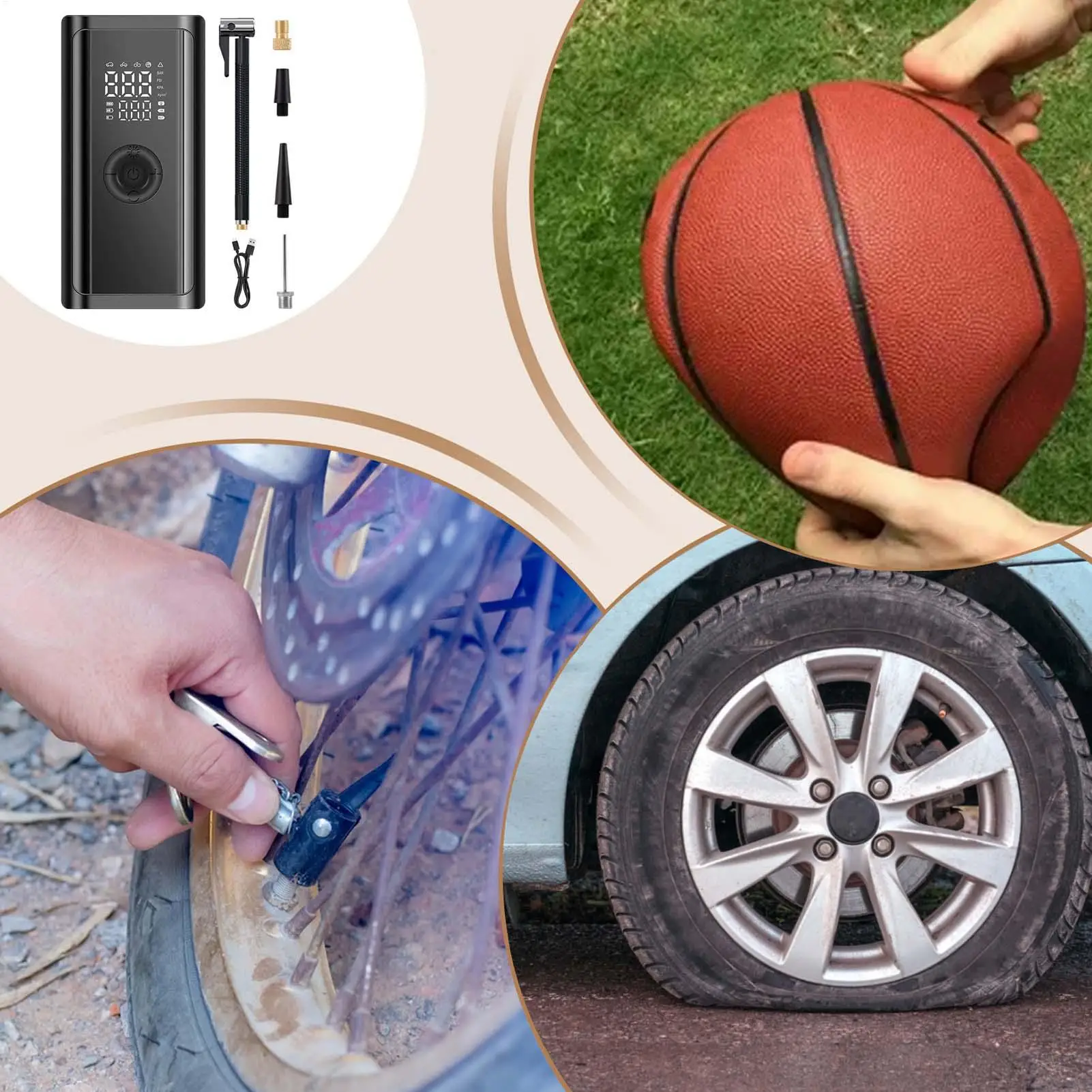 Car Air Pump For Tires Auto Shut Off Pump With SOS Light Multi-Valve Cordless Auto Tire Inflator For Road Trip Camping Home