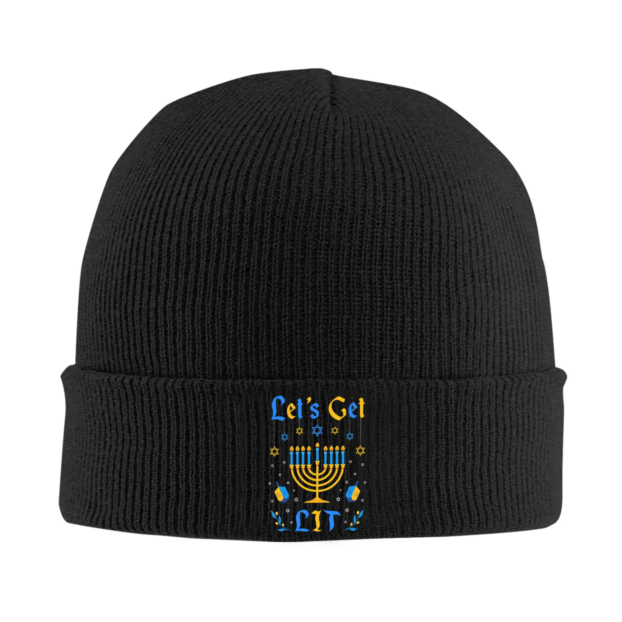 Let's Get Lit Hanukkah Jew Menorah Hat Autumn Winter Skullies Beanies Warm  Caps Unisex Acrylic Bonnet
