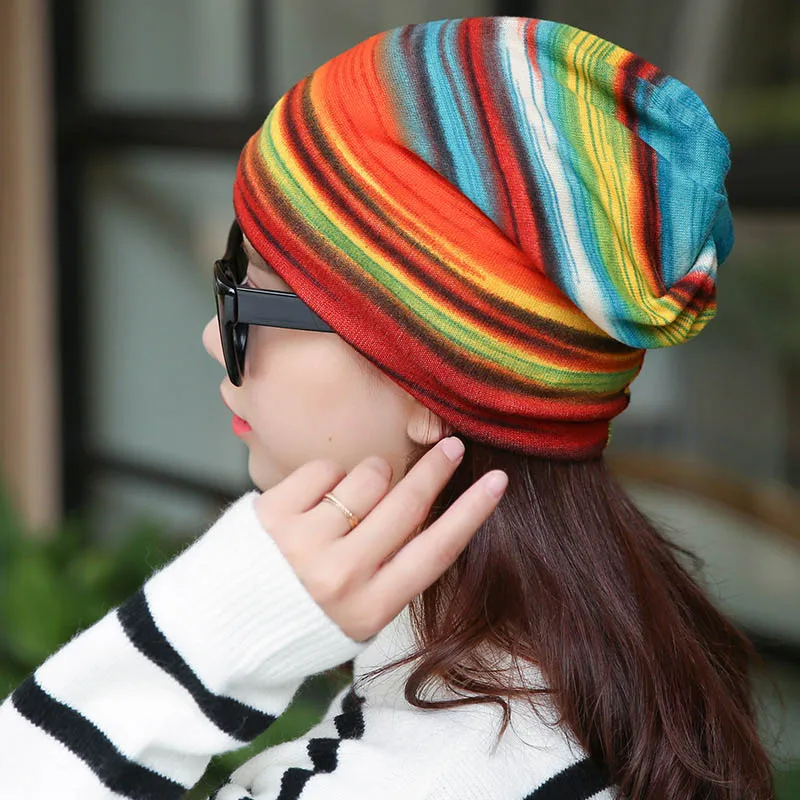 2 In 1 Rainbow Skullies Beanies Bib Scarf Fashion Stripe Print Dual-Use Bonnet Snood For Men Women Balaclava Pullover Cap Gorras