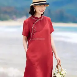 2025 chinese red women loose casual improved cheongsam dress summer new short-sleeved cotton linen embroidery qipao dress s494