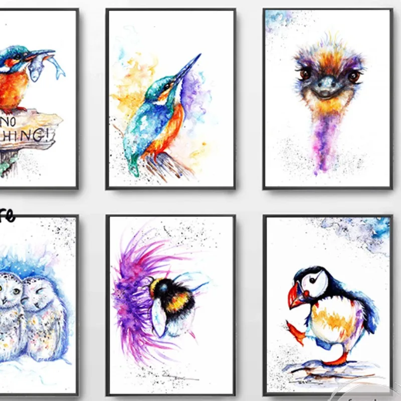 Watercolour Style Hummingbird Bee/Kingfisher/Spring Robins/Penquins/ Art Posters Canvas Painting Wall Prints Picture Home Decor