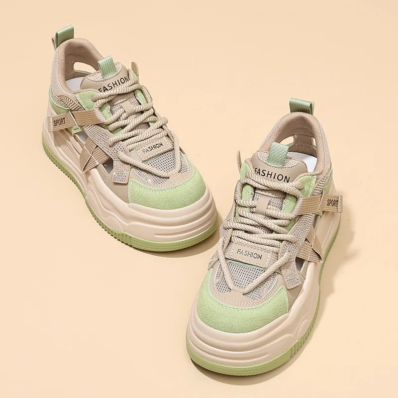 New Summer Cowhide Mesh Splicing Spell Colors Rhinestone Sneakers Sandals Casual Shoes Platform Elevator Sandals
