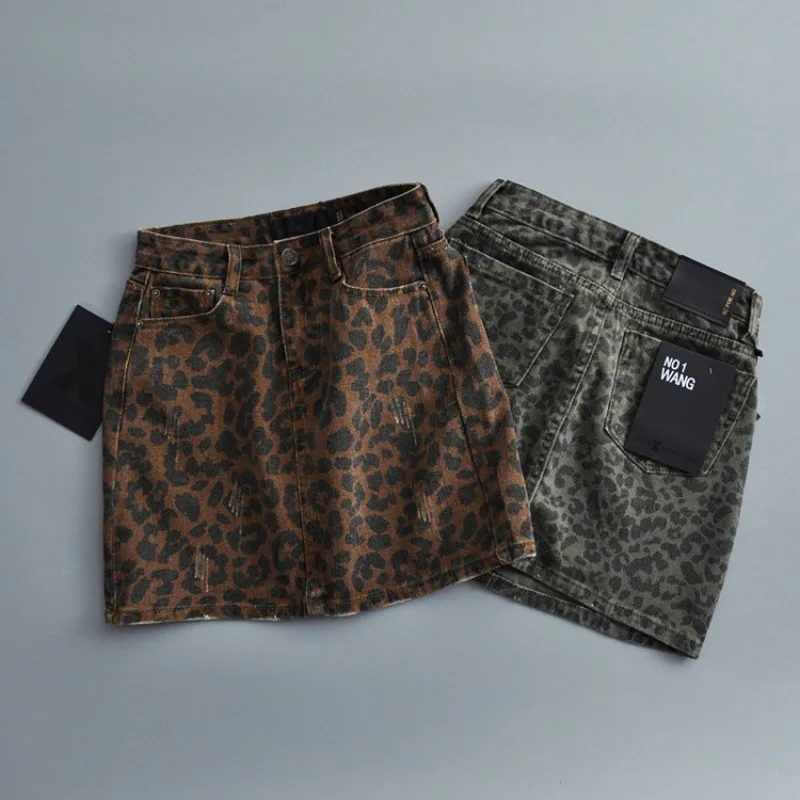 HOUZHOU Leopard spódnica jeansowa kobiet amerykański Retro seksowna wysoka talia a-line szczupły Streetwear Vintage sprany dżins Mini spódniczka